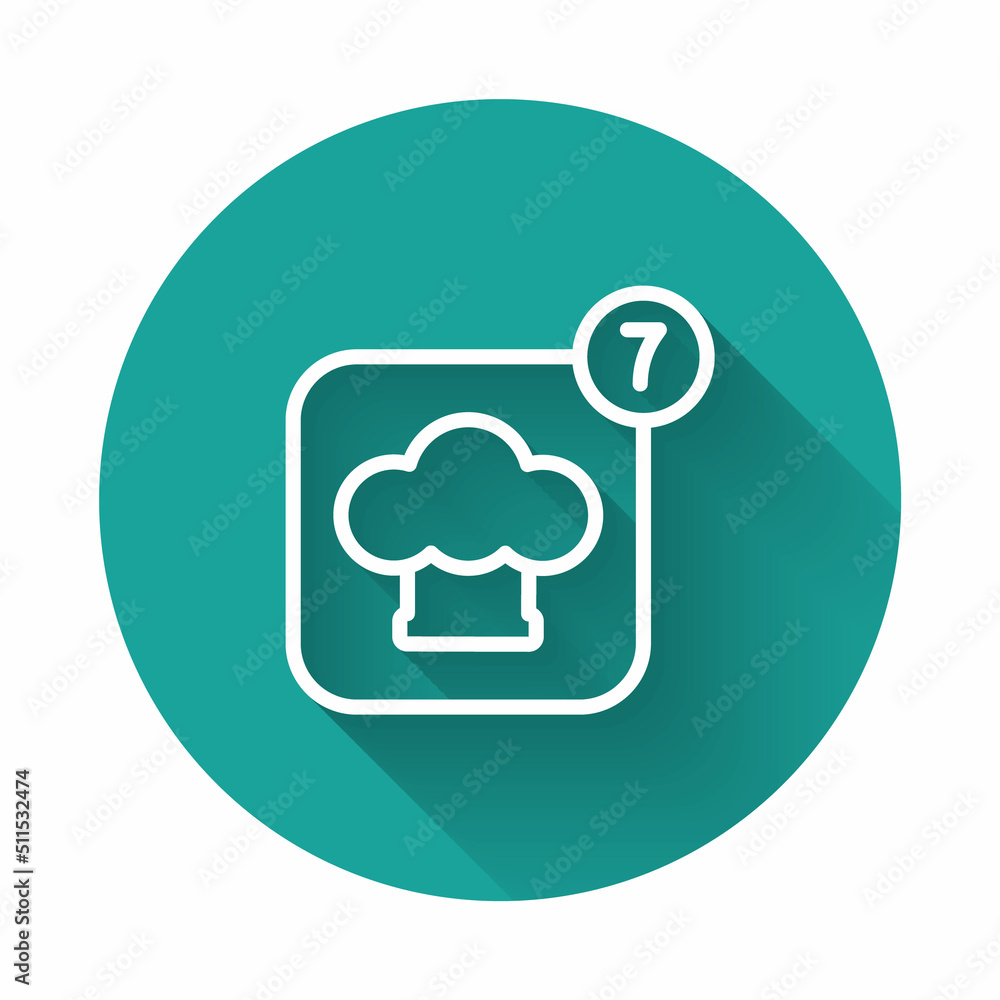 White line Chef hat icon isolated with long shadow background. Cooking symbol. Cooks hat. Green circle button. Vector White line Chef hat icon isolated with long shadow background. Cooking symbol. Cooks hat. Green circle button. Vector