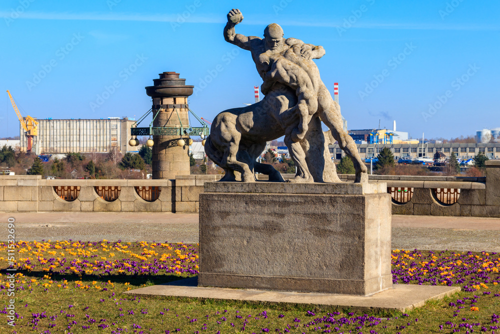 Statue of Hercules fighting with Centaur in Szczecin, Poland - obrazy, fototapety, plakaty 