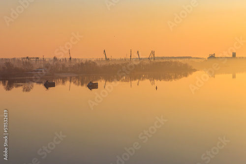 View of the Dnieper river at sunrise in Kremenchug, Ukraine