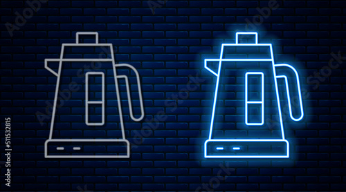 Glowing neon line Electric kettle icon isolated on brick wall background. Teapot icon. Vector