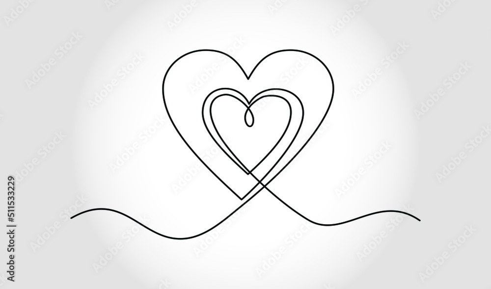 Continuous line drawing two hearts, Black and white vector minimalist illustration of love concept.