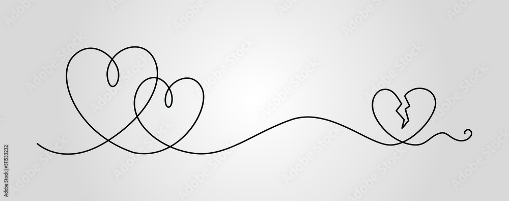 Obraz premium Continuous line drawing two hearts, Black and white vector minimalist illustration of love concept.
