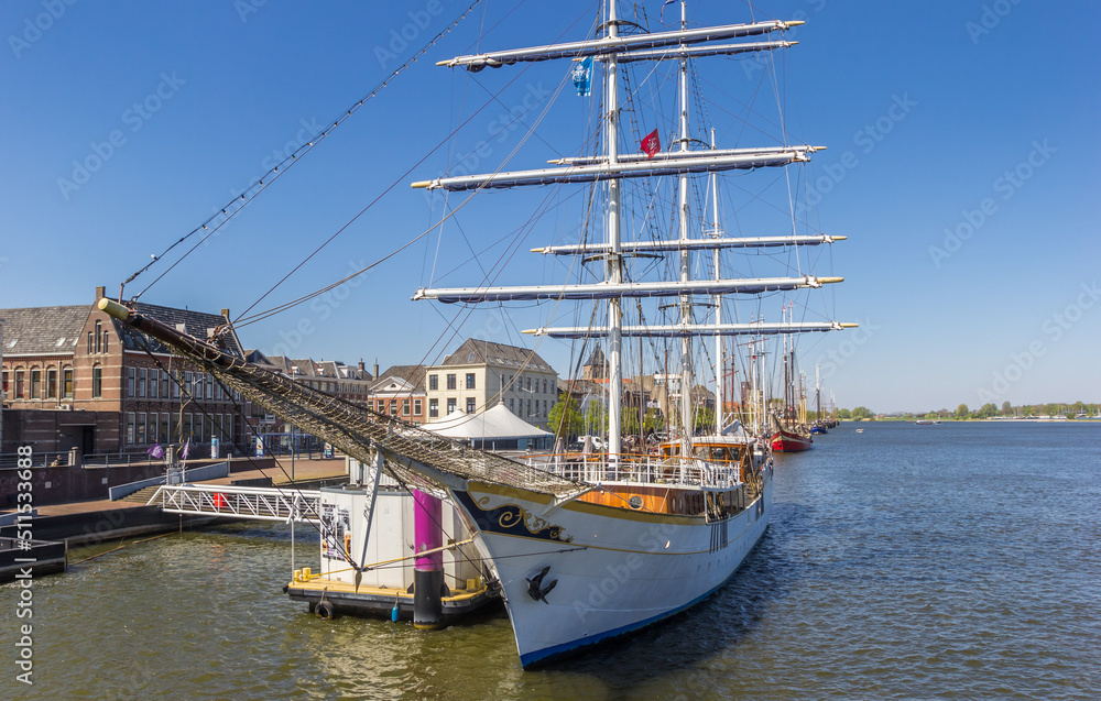 Historic sailing ship on the IJssel river in Kampen, Netherlands Historic sailing ship on the IJssel river in Kampen, Netherlands