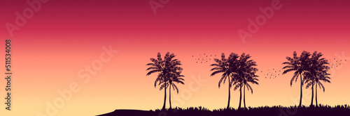 summer sunset view with palm trees silhouette flat design vector illustration good for wallpaper, background, banner, backdrop, tropical, travel, tourism, and design template
