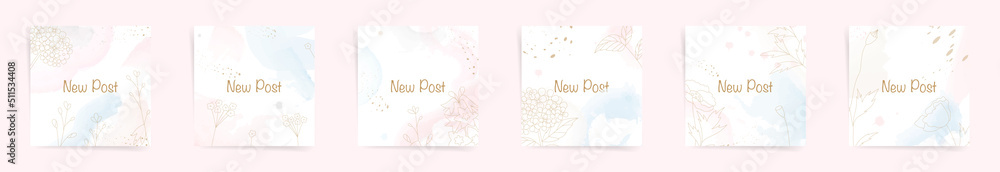 Watercolor floral square backgrounds set. Social media cute banner template with abstract splashes, shapes with simple wild filed flowers. Modern design for promo sale posts, cards, poster covers.