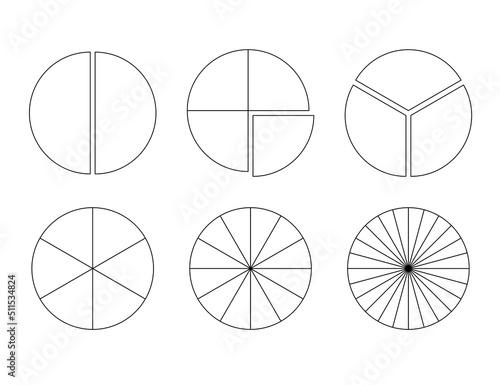 Set of circles segmented into sections. Pie or pizza shapes cut in equal slices in outline style. Round statistics chart examples isolated on white background. Vector illustration