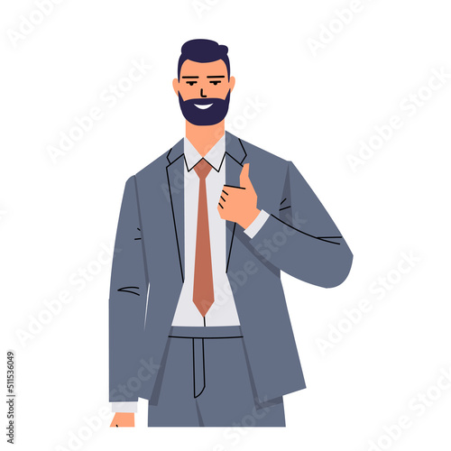 A young man in a gray suit and tie shows a thumb up. Gesture of approval, cool, good. Businessman, leader, office worker isolated on white background. The character with the beard is smiling. Vector.