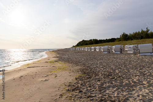 Fototapeta Naklejka Na Ścianę i Meble -  The view of the beach of Zempin on the island of Usedom with many beach chairs