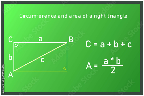 The graphic representation of the circumference and area of a right triangle on a green board