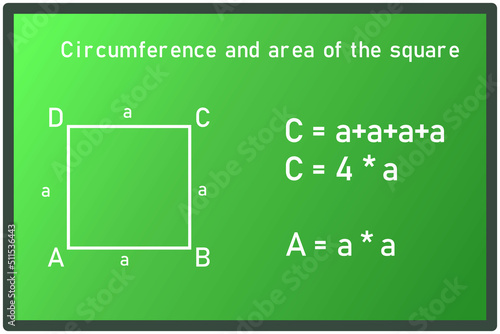 The graphic representation of the circumference and area of a square with an equation on a green board