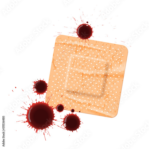 Blood drops on square adhesive bandages vector illustration. Realistic 3d falling red bloody splashes on beige rubber band aid, pharmaceutical help for wound and skin damage isolated on white.