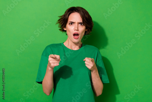 Portrait of unsatisfied impressed girl open mouth stare point fingers camera you isolated on green color background