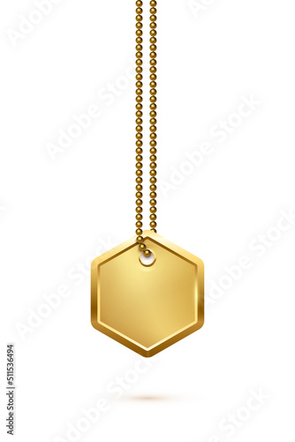 Empty hexagon gold military or dogs badge hanging on steel chain. Vector army object isolated on white background. Pendant with blank space for identification, blood type in case of injury