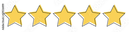 Product quality rating or customer review with five yellow stars with black line vector illustration. Assessment linear symbols for critic feedback service, evaluation survey, mobil app