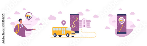 School education concept. Vector flat people illustration set. Yellow bus. Boy teenager in uniform character. City map on smartphone screen with route and map pin symbol.