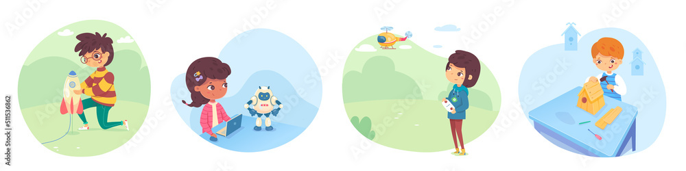 Naklejka premium Kids playing games in school or garden illustration set. Weekend hobby activities vector. Boy and girl launching rocket, operating robot from laptop, flying helicopter, building birdhouse.
