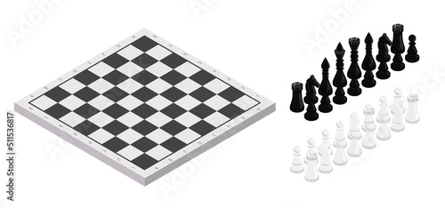 Figures near chessboard isometric illustration. Black and white chess pieces vector set. King, queen, bishop, horse, rook and pawn. Classic intellectual sport, leisure. Tactical game