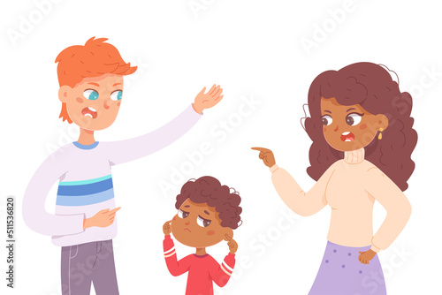Angry people shout and quarrel during family conflict, sad boy covering ears with hands