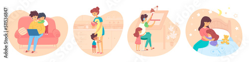 Hugs of kids and parents set, cute scenes with family love, care and happy embraces