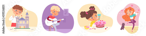 Performances and hobby activity of cute kids set, happy boy and girl dance, build castle