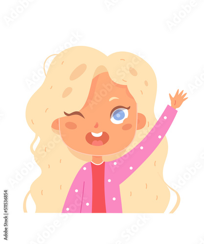 Kid with hand up vector illustration. Cartoon cute girl waving for friends, standing and giving 5, little student of primary school raising arm, answering for teacher isolated on white