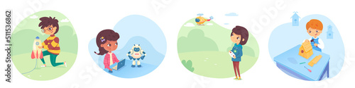 Kids playing games in school or garden illustration set. Weekend hobby activities vector. Boy and girl launching rocket, operating robot from laptop, flying helicopter, building birdhouse.