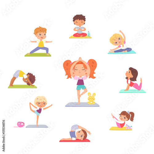 Yoga poses of children set, cute boy and girl stretching and meditating, sport activity