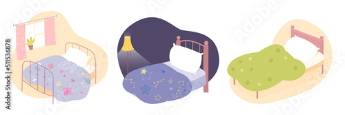 Empty cute bed set during day and night, collection of furniture for kids home bedroom
