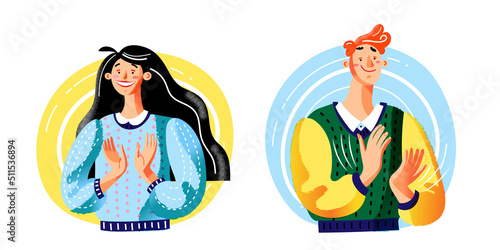 People clap and applaud, applauses set of happy young man and woman clapping with hands