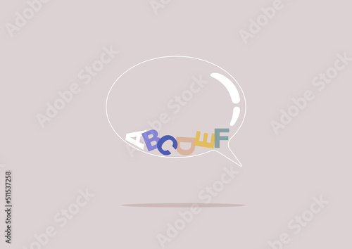 A transparent speech bubble with scattered letters inside, a dyslexia concept
