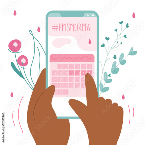 The hands girl choice menstrual day on PMS calendar. The vector illustration menstrual period, PMS and blood is NORMAL.