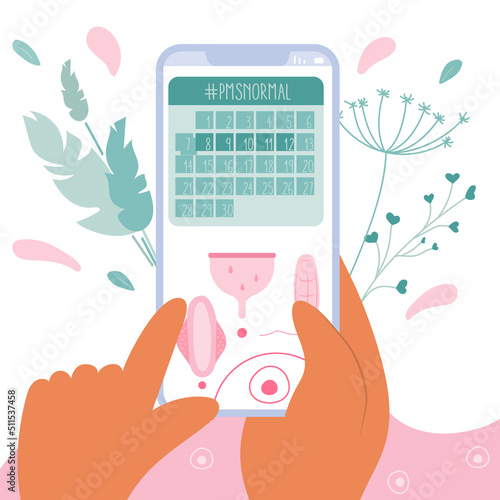 The hands girl choice menstrual day on PMS calendar and hygienic device pads, cup or tampon. The vector illustration menstrual period, PMS and blood is NORMA