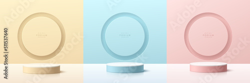 Set of pink, yellow, blue, white realistic 3d cylinder pedestal podium with circle hole scene background. Abstract minimal scene for mockup products display. Stage showcase. Light and shadow in room.
