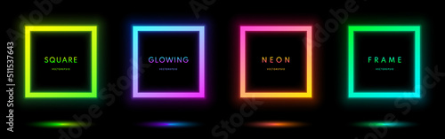 Abstract cosmic vibrant color square border. Blue, red-purple, green illuminate frame collection design. Top view futuristic style. Set of glowing neon lighting isolated on background with copy space.
