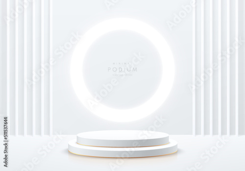 Realistic white, golden 3D cylinder pedestal podium with glowing circle neon background. Vector luxury geometric forms. Abstract minimal scene for mockup products, stage showcase, promotion display.