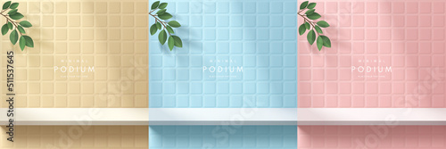 Set of realistic 3d white shelf or podium on pink, yellow and blue square tile wall with green leaf. Vector geometric forms. Abstract minimal scene for products stage showcase, Promotion display.