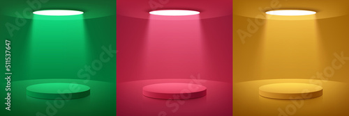 Set of green, yellow, red pink room background with realistic 3d cylinder pedestal podium and ceiling light. Abstract minimal scene for mockup products display, Stage showcase. Vector geometric forms.