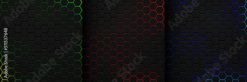 Set of abstract black hexagon pattern on neon light blue, Red and green background in technology style. Modern futuristic vector geometric shape. Can use for cover template, poster, flyer, print ad.