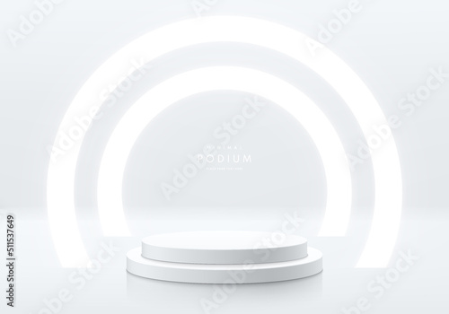 Realistic white, silver 3D cylinder pedestal podium with circle tunnel neon lighting background. Abstract minimal scene for mockup products display, Futuristic stage showcase. Vector geometric forms.