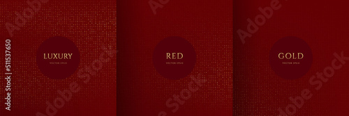 Set of shiny golden dots glitter pattern on dark red background. Collection of luxury and elegant halftone texture with copy space. Can use for cover template, poster, banner, print ad. Vector EPS10.
