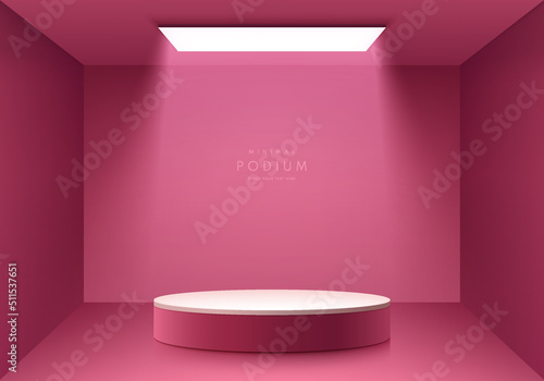 Realistic red maroon, Pink abstract 3d studio room with realistic pedestal podium and glowing ceiling light. Abstract minimal wall scene for mockup products display, Stage for showcase. Vector EPS10.