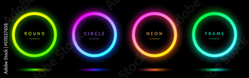 Blue, red-purple, green illuminate frame collection design. Abstract cosmic vibrant color circle border. Top view futuristic style. Set of glowing neon lighting isolated on background with copy space.