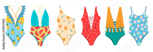One piece swimming suits collection. Swimsuits doodle set. Colorful monokini sketches. Summer vacation ladies clothes. Bikini sketch. Swimwear fashion. photo