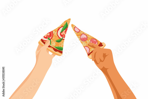 Hands holding slices of pizza