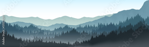   Panoramic mountain landscapes  pine forests and mountains in the morning.  