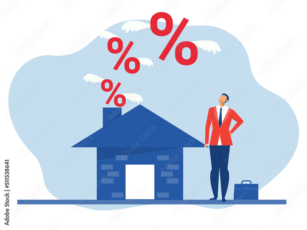 businessman stress with floating interest for Real estate and housing investment opportunity, property growth forecast or vision, price rising up concept vector businessman stress with floating interest for Real estate and housing investment opportunity, property growth forecast or vision, price rising up concept vector