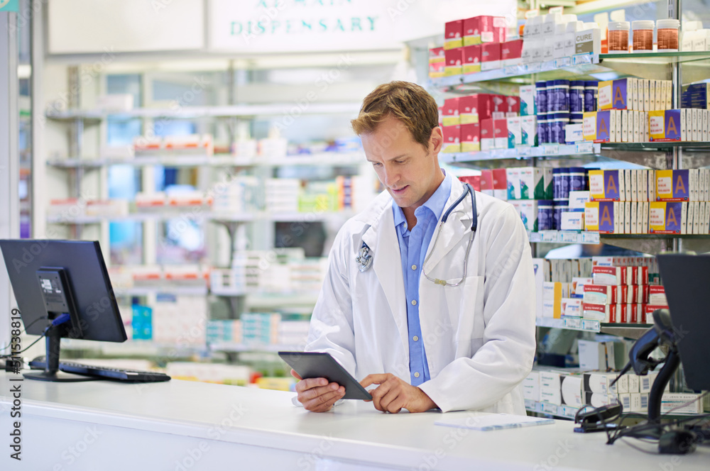 Now I can keep track of everything. A pharmacist working on a digital tablet. Now I can keep track of everything. A pharmacist working on a digital tablet.