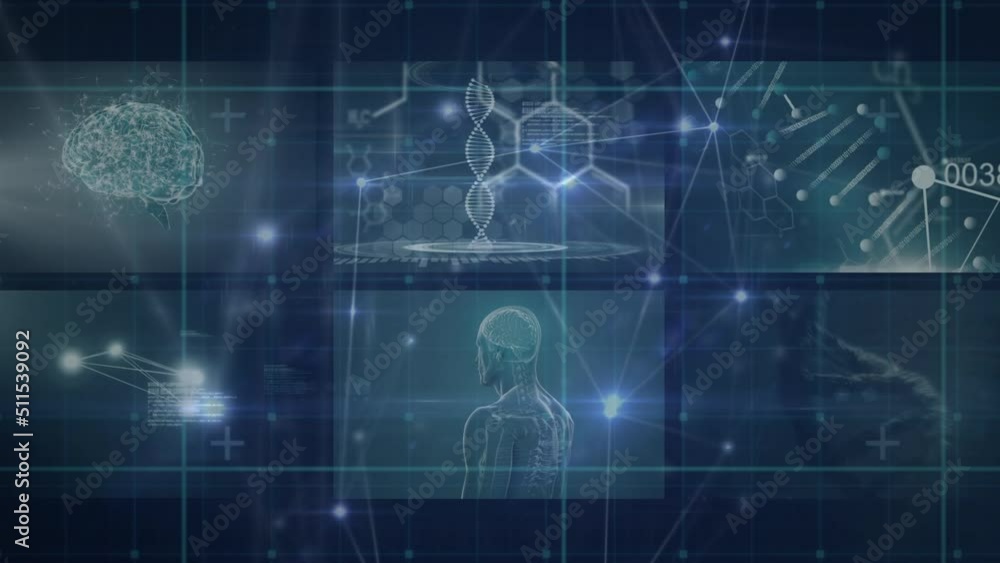 Animation of scientific data on screens, dna and connections over blue background Animation of scientific data on screens, dna and connections over blue background