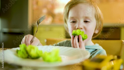 Cute little toddler boy eating broccoli. First solid foods. Fresh organic vegetables for infants. Healthy nutrition for family with kids.