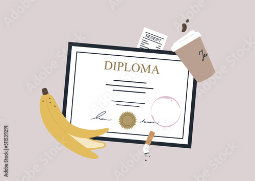 A top view of a diploma thrown out in a garbage bin together with a cigarette butt, a banana peel, and a paper cup of coffee